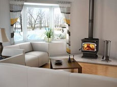 Wood burning fireplace in white living room
